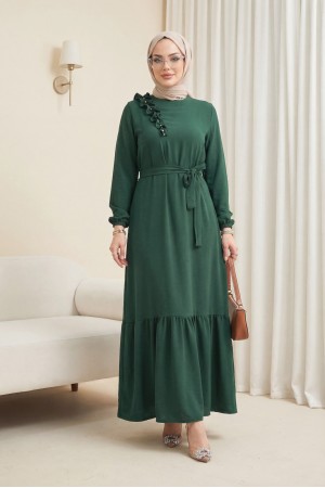 Fırfır Taş Detaylı Parça Eteklii Kemerli Ayrobin Elbise  -زمرد