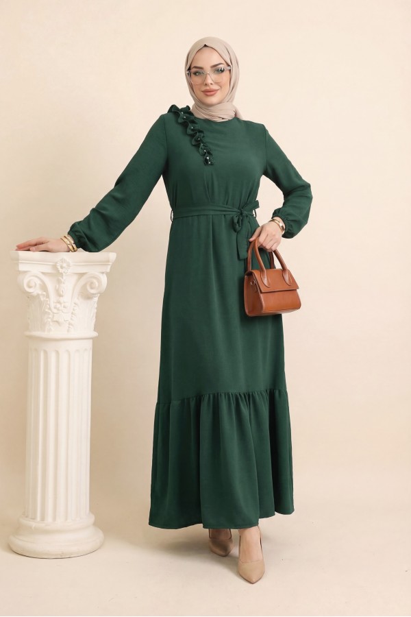 Ruffle Stone Detailed Piece Skirt Belted Ayrobin Dress  -Emerald