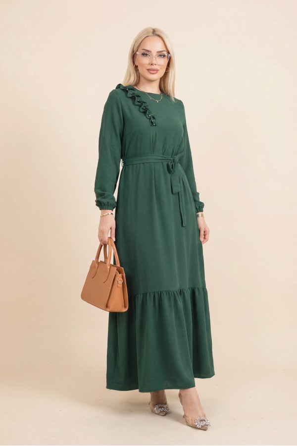 Ruffle Stone Detailed Piece Skirt Belted Ayrobin Dress  -Emerald
