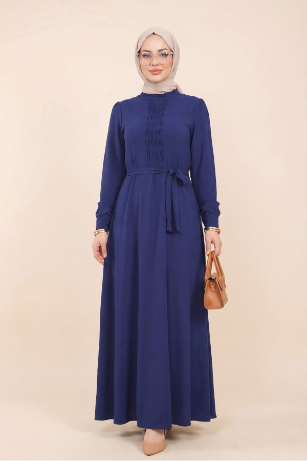 Belted Ayrobin Dress with Çima Detail   -Navy blue