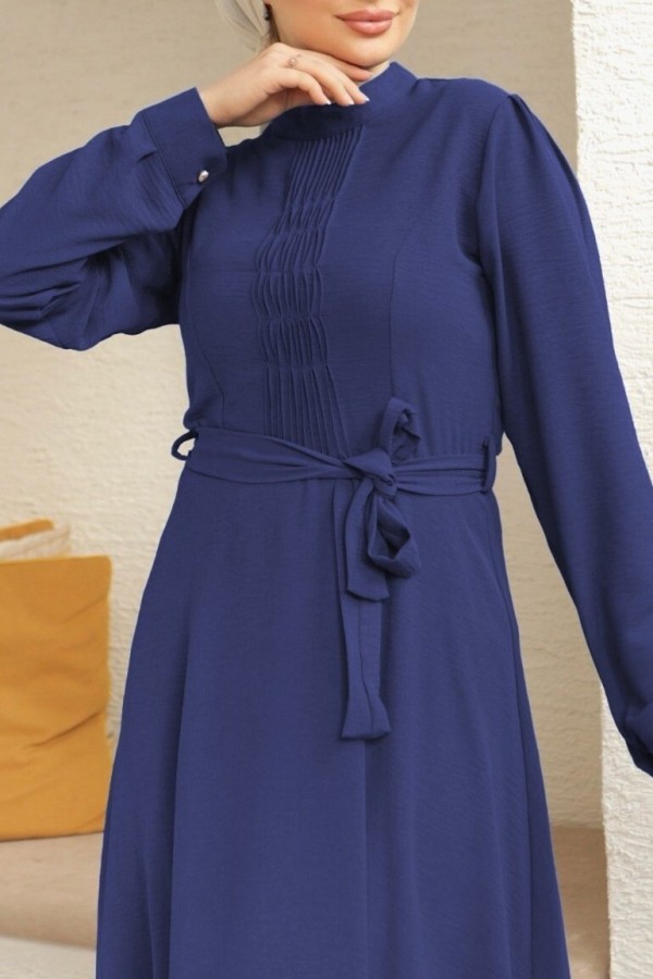 Belted Ayrobin Dress with Çima Detail   -Navy blue