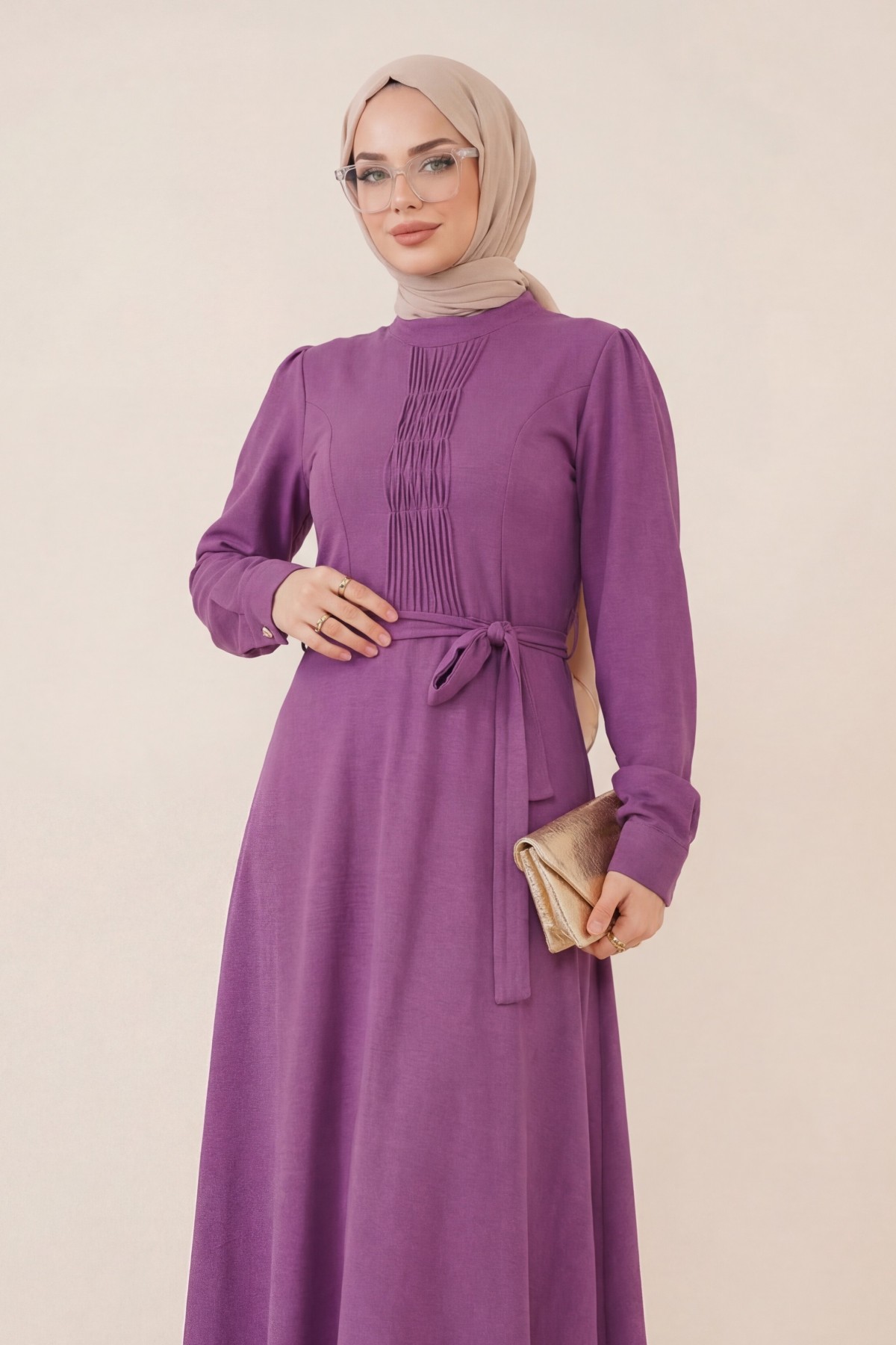 Belted Ayrobin Dress with Çima Detail   -Cherry Color