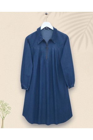 Half Zippered Elastic Sleeve Denim Tunic -İndigo