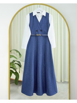 Çift Düğmeli Kemerli Kot Jile -İndigo