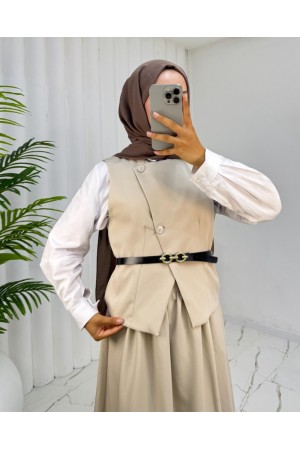 Cross-Buttoned Belted Vest and Skirt Set - Beige