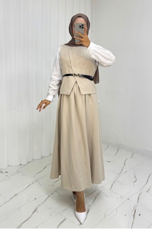 Cross-Buttoned Belted Vest and Skirt Set - Beige