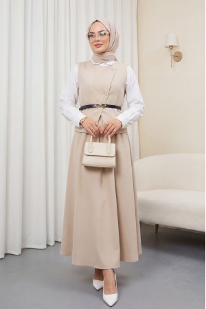 Çapraz Düğmeli Kemerli Yelek Etek Takım -Bej