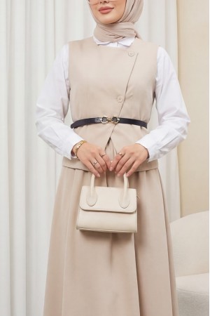 Cross-Buttoned Belted Vest and Skirt Set - Beige