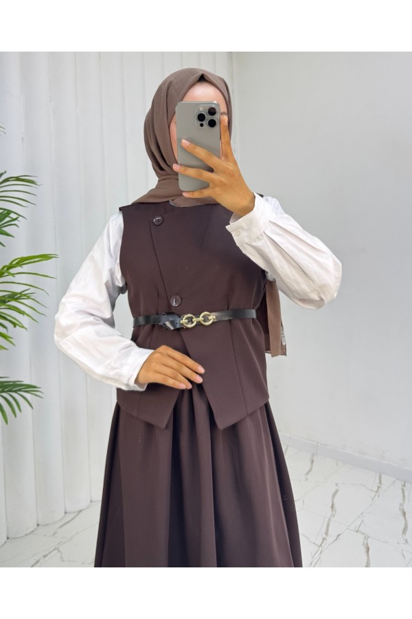 Cross-Buttoned Belted Vest and Skirt Set -Brown