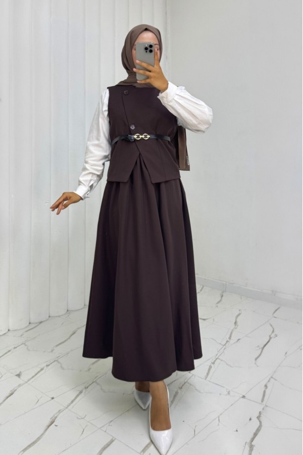 Cross-Buttoned Belted Vest and Skirt Set -Brown