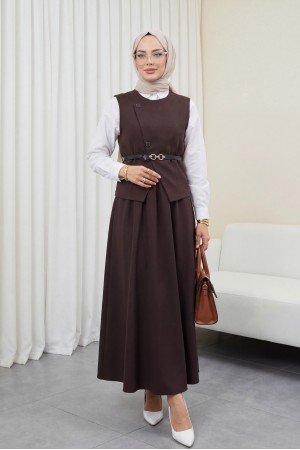 Cross-Buttoned Belted Vest and Skirt Set -Brown