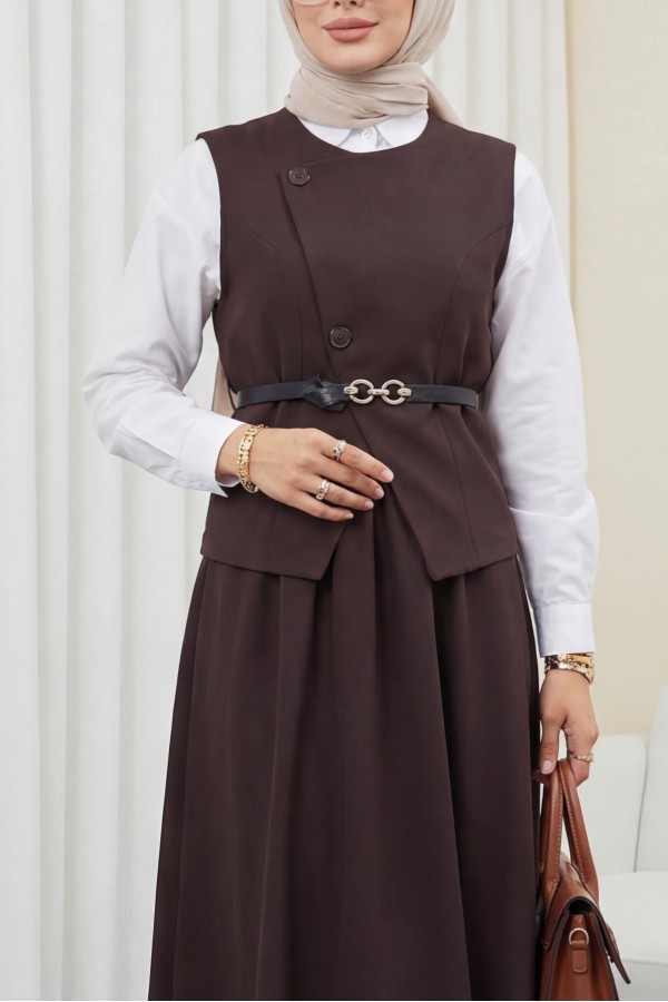 Cross-Buttoned Belted Vest and Skirt Set -Brown