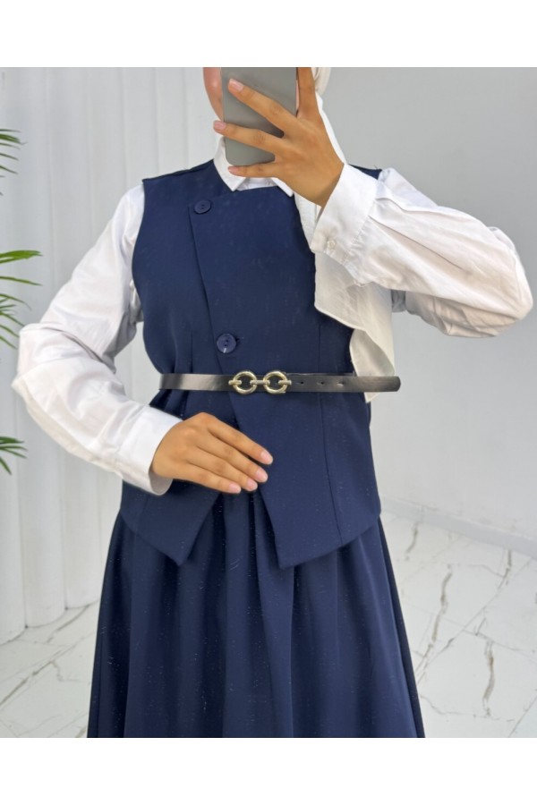 Cross-Buttoned Belted Vest and Skirt Set -Navy blue