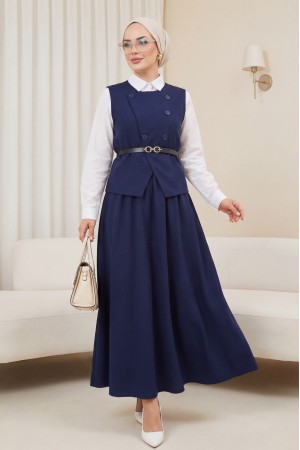 Cross-Buttoned Belted Vest and Skirt Set -Navy blue