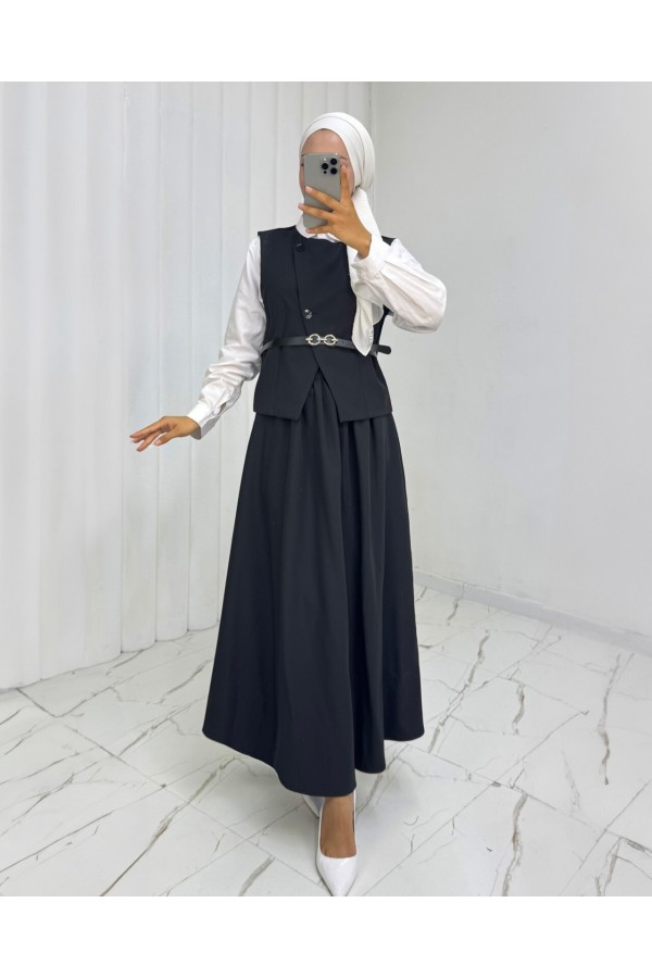 Cross-Buttoned Belted Vest and Skirt Set -Black