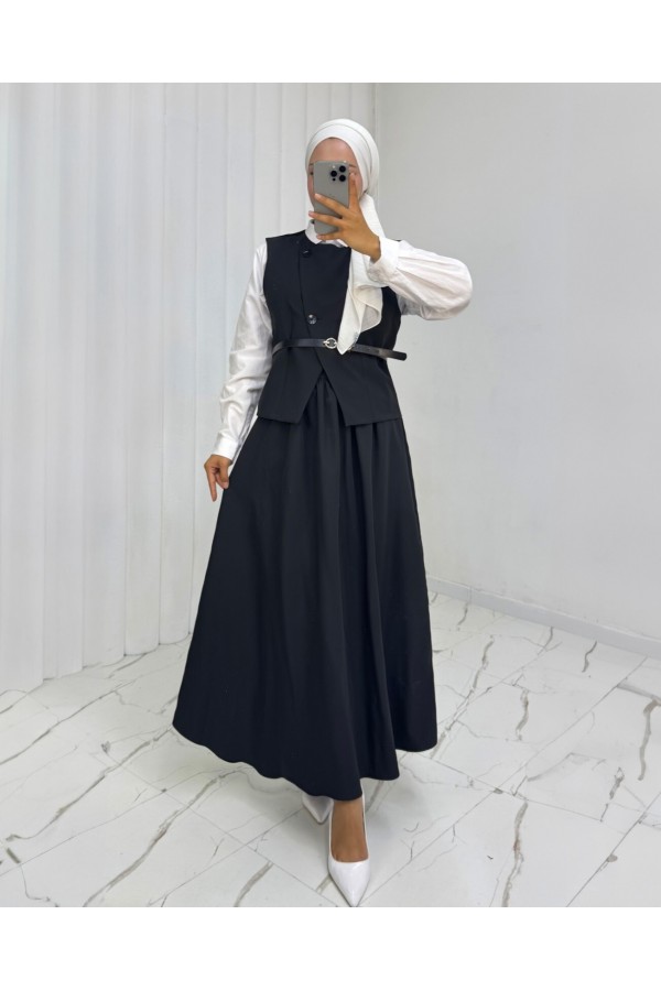 Cross-Buttoned Belted Vest and Skirt Set -Black