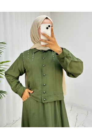 Stoned Shoulder Buttoned Jacket Skirt Linen Suit -Khaki