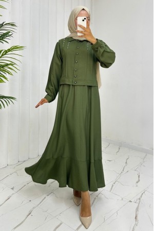 Stoned Shoulder Buttoned Jacket Skirt Linen Suit -Khaki