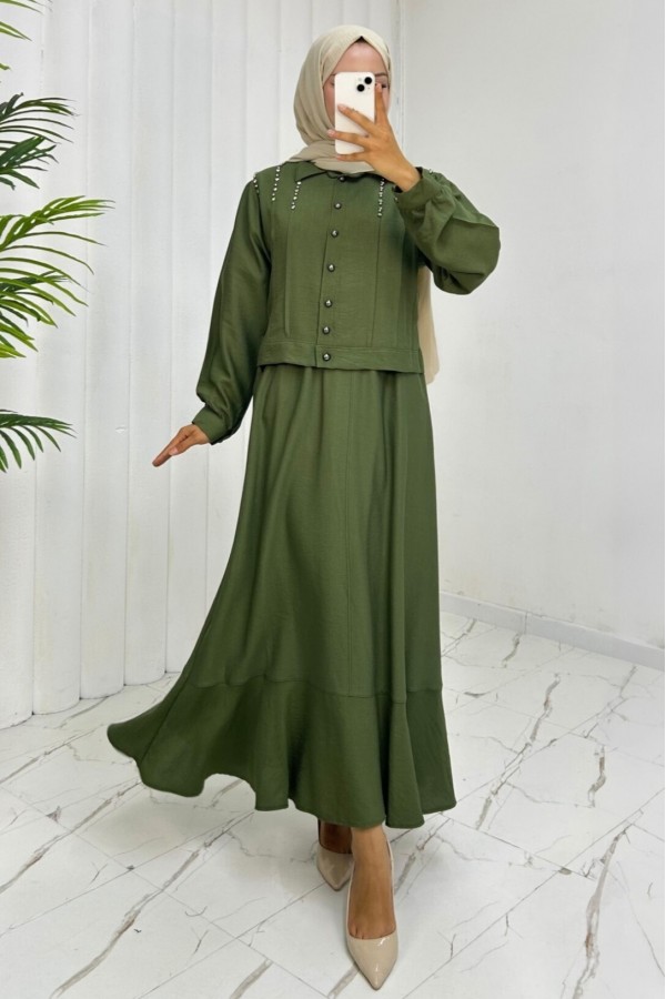 Stoned Shoulder Buttoned Jacket Skirt Linen Suit -Khaki