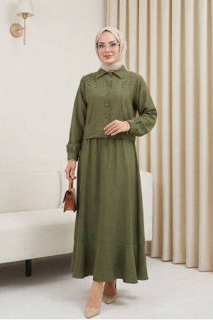 Omuzu Taşlı Düğmeli Ceket Etek Keten Takım -Haki