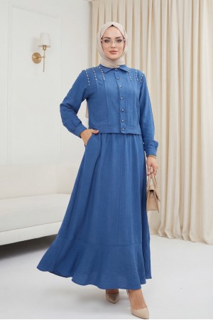 Omuzu Taşlı Düğmeli Ceket Etek Keten Takım -Mavi