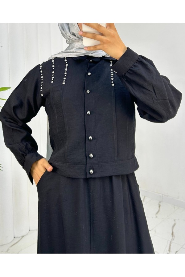 Stoned Shoulder Buttoned Jacket Skirt Linen Suit -Black