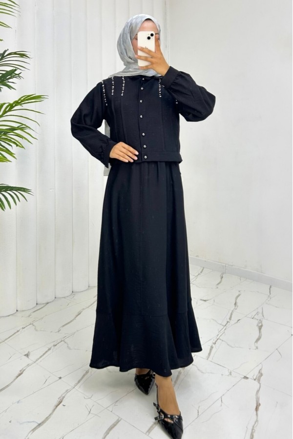 Stoned Shoulder Buttoned Jacket Skirt Linen Suit -Black