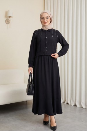 Omuzu Taşlı Düğmeli Ceket Etek Keten Takım -Siyah