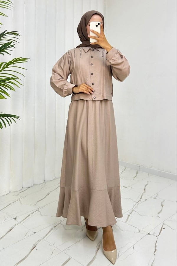 Stoned Shoulder Buttoned Jacket Skirt Linen Suit -Mink color