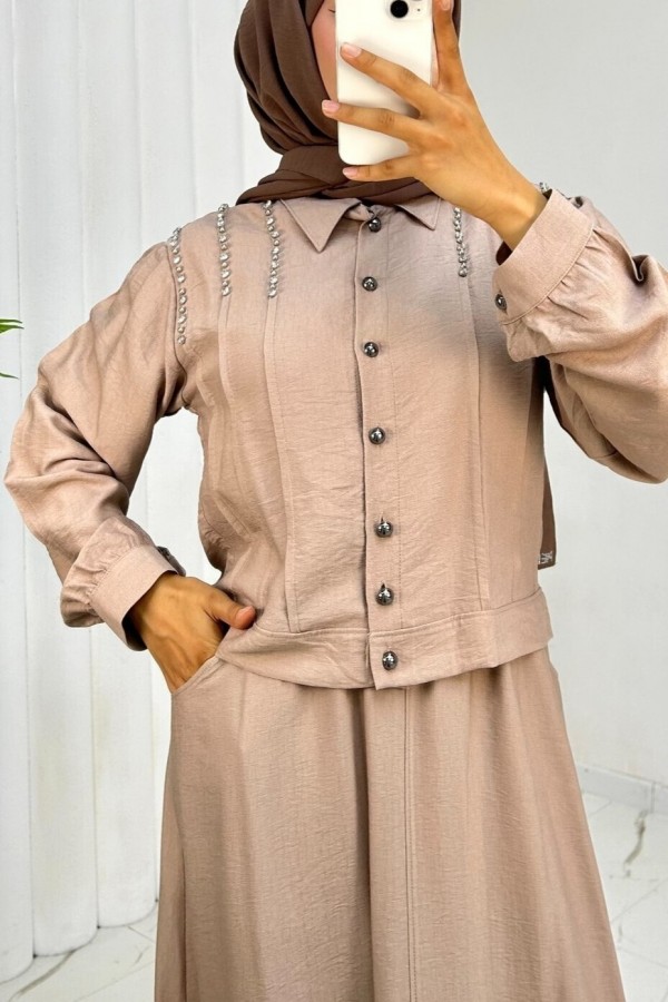 Stoned Shoulder Buttoned Jacket Skirt Linen Suit -Mink color