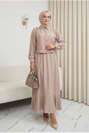 Omuzu Taşlı Düğmeli Ceket Etek Keten Takım -Vizon