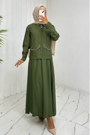 Fermuarlı Ceketli Beli Lastikli Etekli Keten Takım -Haki