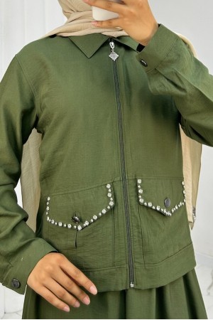 Fermuarlı Ceketli Beli Lastikli Etekli Keten Takım -Haki