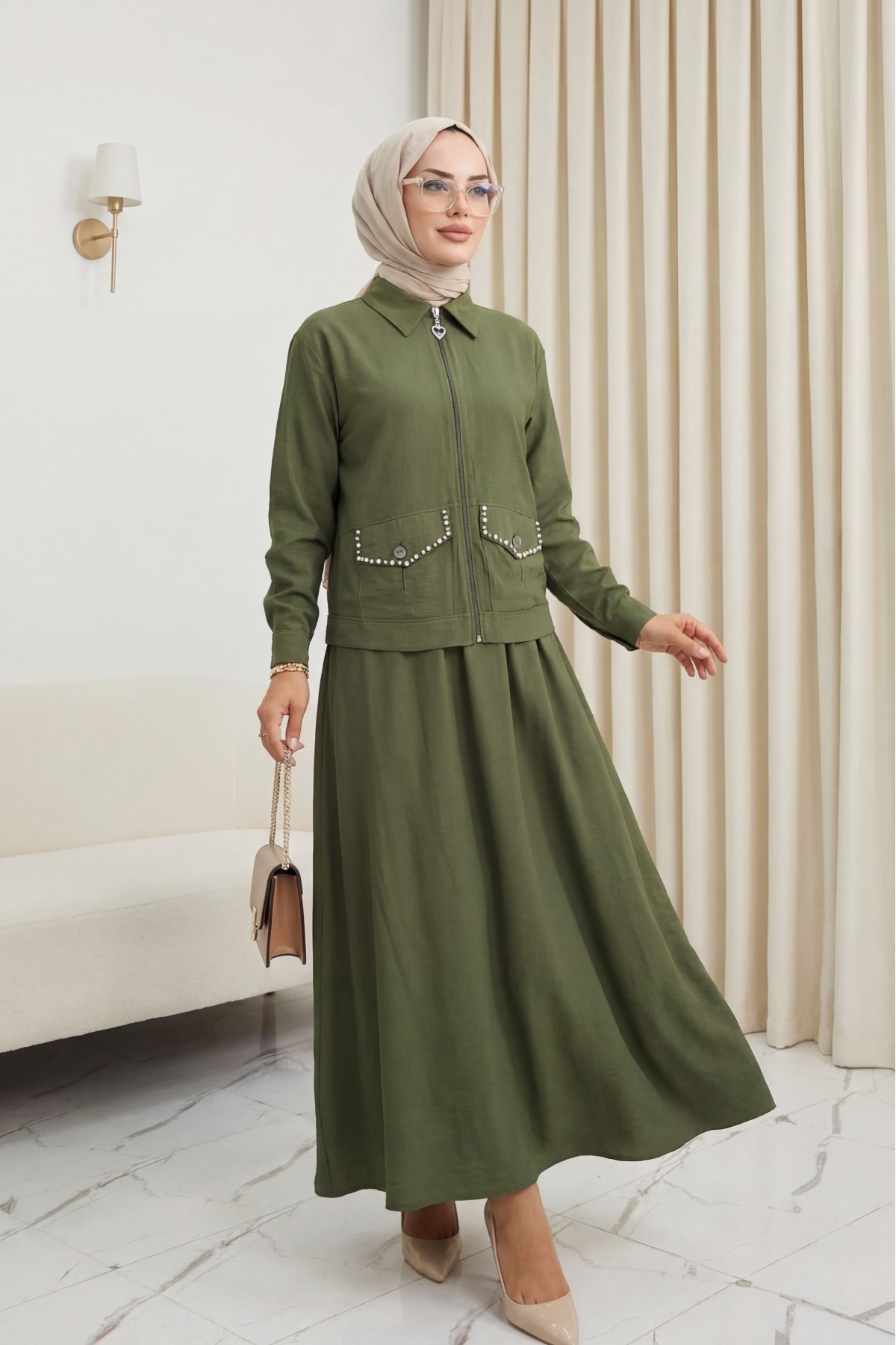 Linen Suit with Zippered Jacket and Elastic Waist Skirt -Khaki