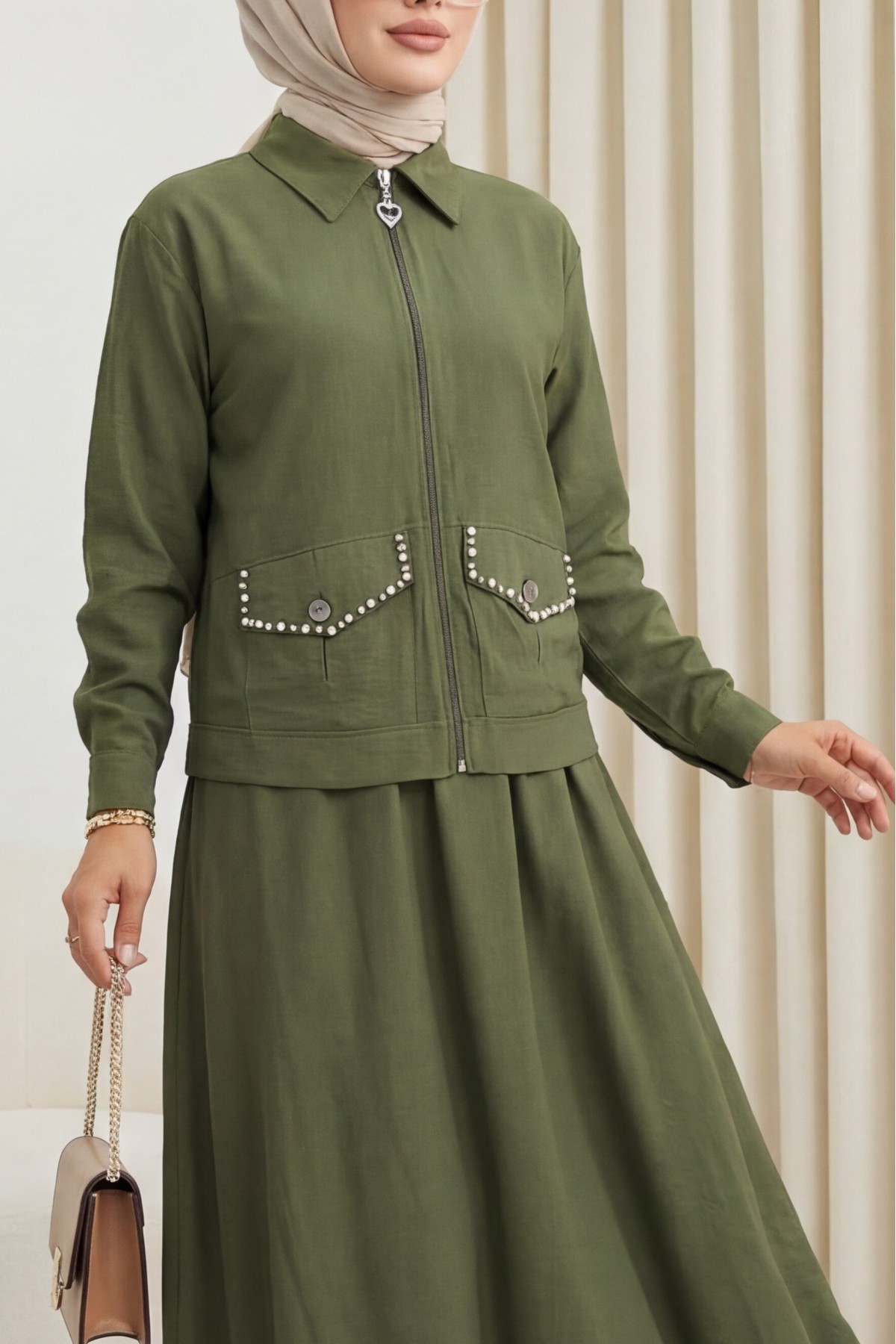 Linen Suit with Zippered Jacket and Elastic Waist Skirt -Khaki