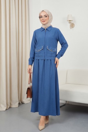 Fermuarlı Ceketli Beli Lastikli Etekli Keten Takım -Mavi