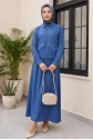 Linen Suit with Zippered Jacket and Elastic Waist Skirt -Blue