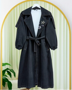 Önü Taş Detaylı Beli Bağcıklı Kot Trençkot  -Siyah