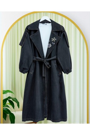 Front Stone Detailed Waist Laced Denim Trench Coat  -Black