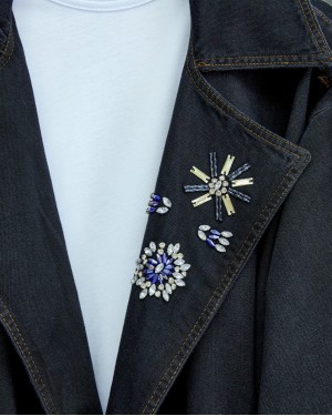 Önü Taş Detaylı Beli Bağcıklı Kot Trençkot  -Siyah