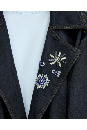 Front Stone Detailed Waist Laced Denim Trench Coat  -Black