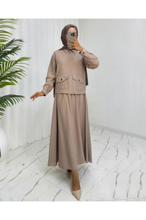 Fermuarlı Ceketli Beli Lastikli Etekli Keten Takım  -Vizon