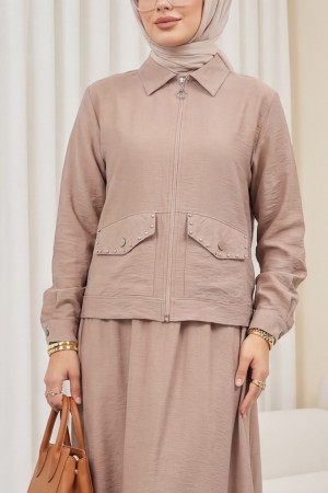 Fermuarlı Ceketli Beli Lastikli Etekli Keten Takım  -Vizon