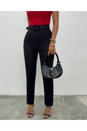Kalın Kemerli Kumaş Pantalon  -Siyah
