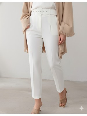 Thick Belted Fabric Trousers  -Ecru
