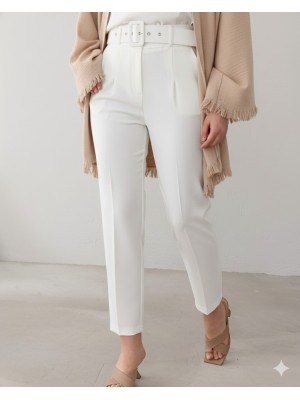 Kalın Kemerli Kumaş Pantalon   -Ekru