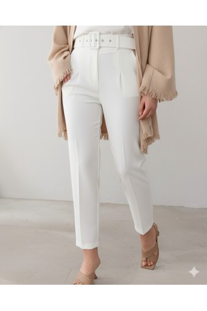Kalın Kemerli Kumaş Pantalon   -Ekru