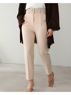 Kalın Kemerli Kumaş Pantalon   -Krem