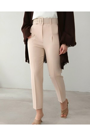 Thick Belted Fabric Trousers  -Cream color