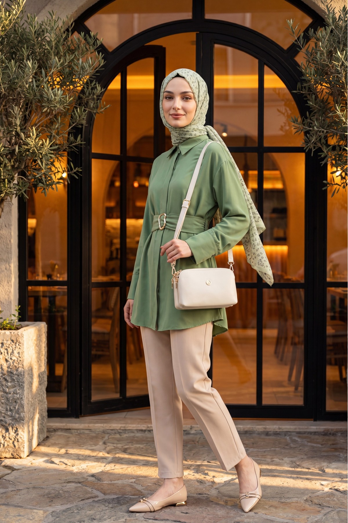 Thick Belted Fabric Trousers  -Cream color